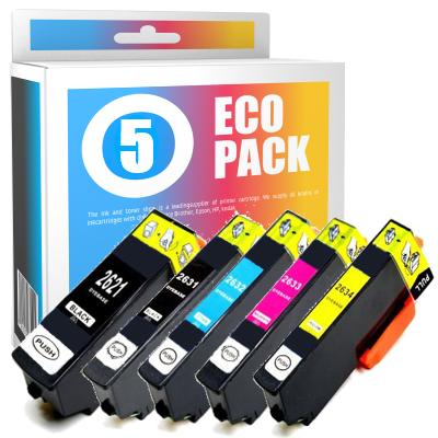 Pack de 5 cartouches d'encre compatibles - EPSON 26XL - 1 noir + 1 noir photo + 1 cyan + 1 magenta + 1 jaune - (C13T26364010) - grande capacité
